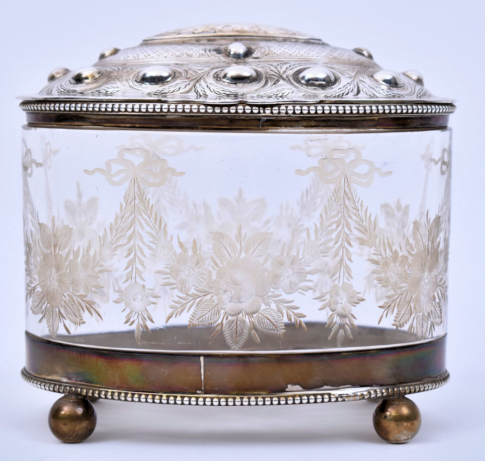 19TH CENTURY SILVER & CUT GLASS BON BON BISCUIT BOX