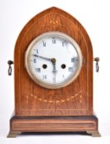 EARLY 20TH CENTURY MAHOGANY INLAID 8-DAY MANTEL CLOCK