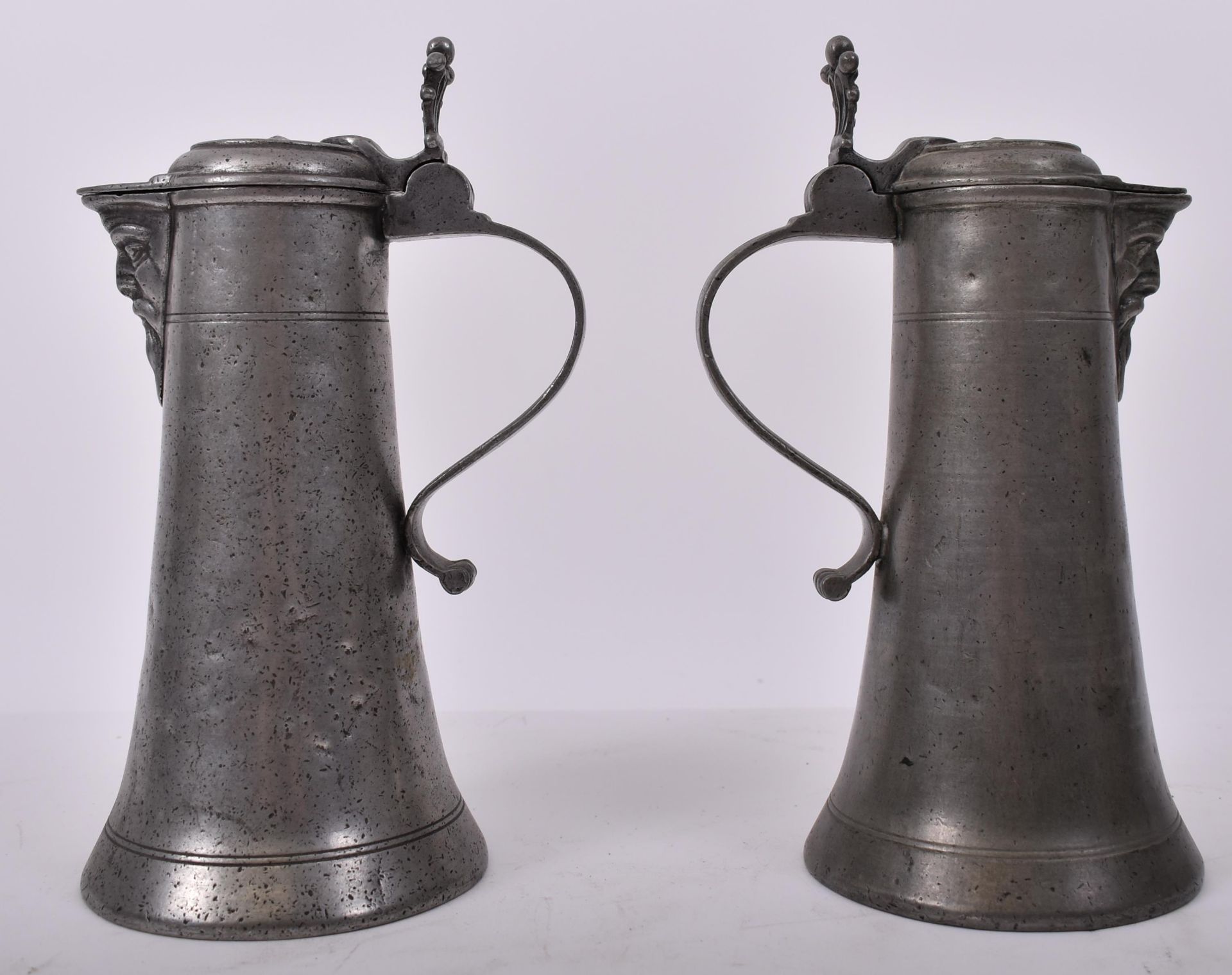 PAIR OF EARLY 18TH CENTURY 1730 SWISS BEARDED MAN FLAGONS - Image 3 of 7