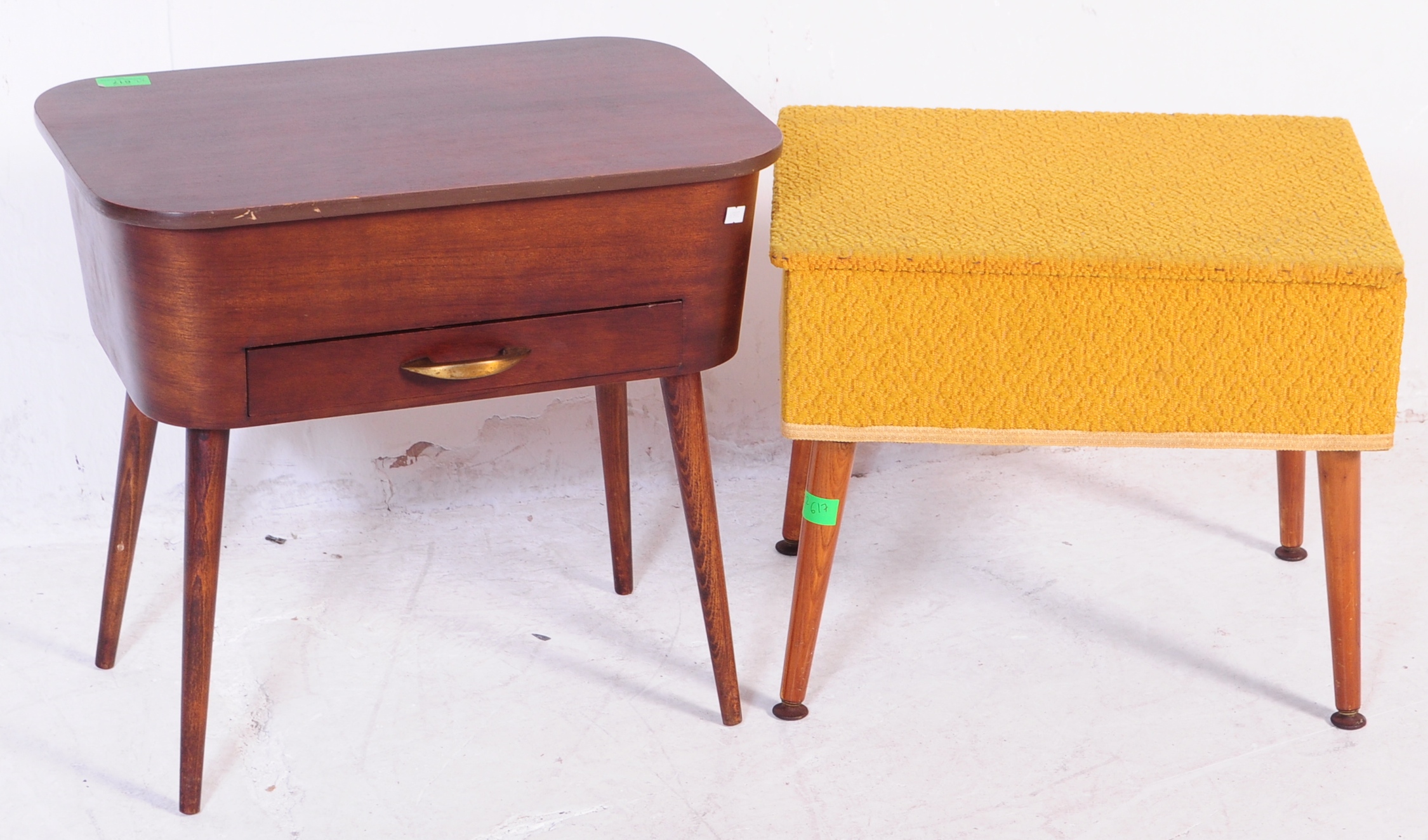 TWO MID CENTURY TEAK UPHOLSTERED SEWING BOXES - Image 2 of 6
