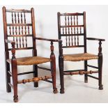 PAIR OF NORTH COUNTRY SPINDLE BOBBIN BACK CARVER ARMCHAIRS