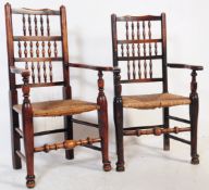 PAIR OF NORTH COUNTRY SPINDLE BOBBIN BACK CARVER ARMCHAIRS
