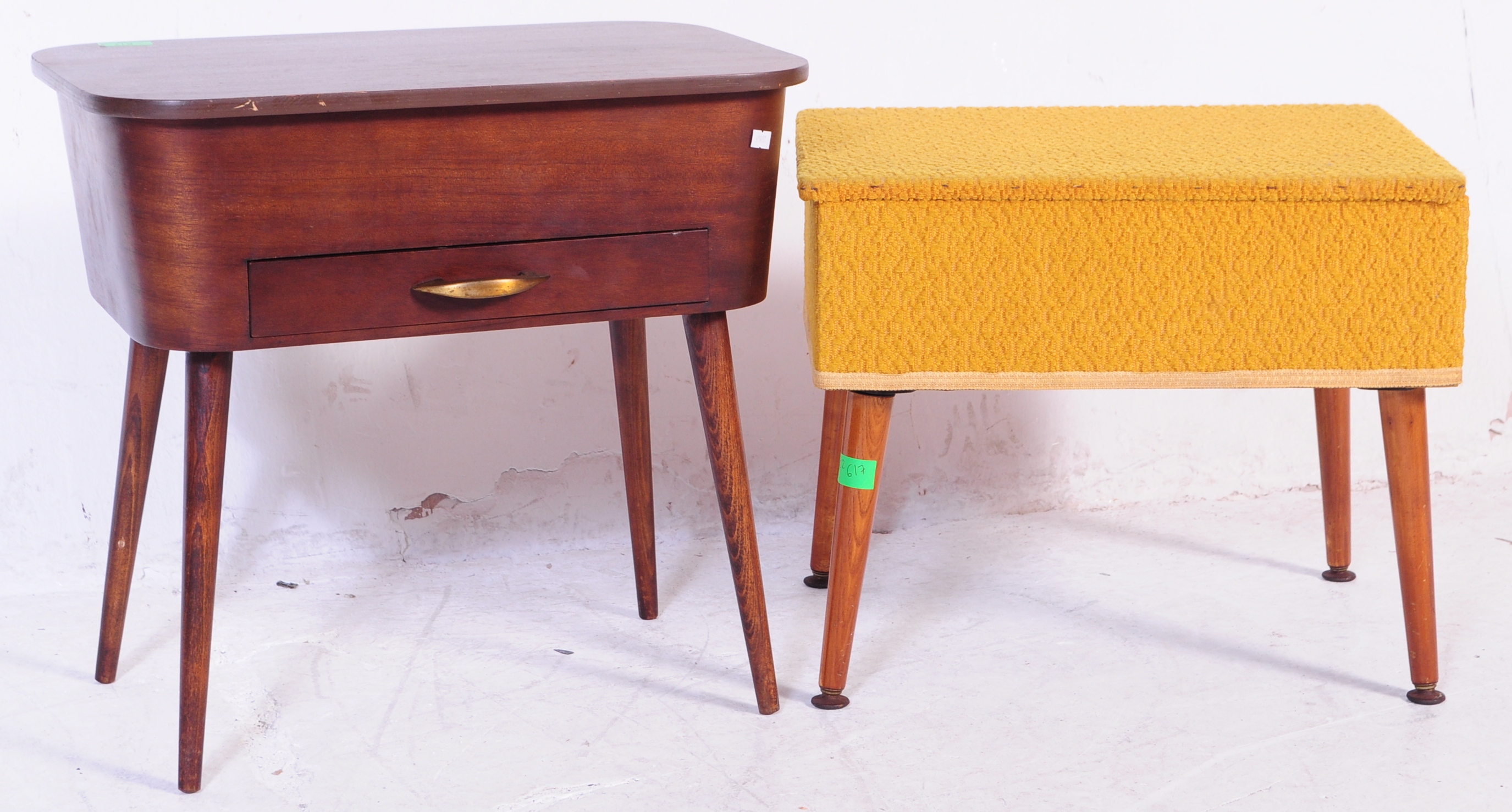 TWO MID CENTURY TEAK UPHOLSTERED SEWING BOXES