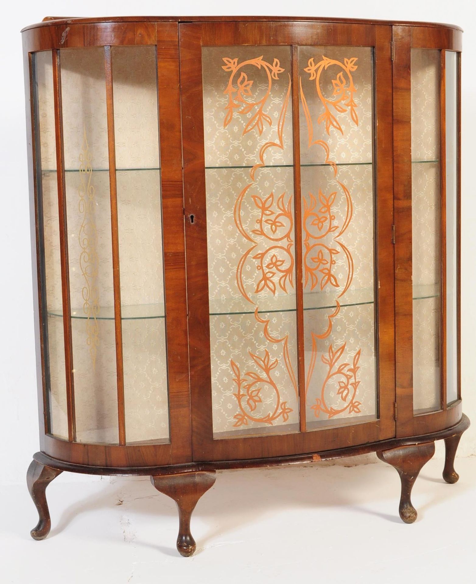1950S QUEEN ANNE REVIVAL WALNUT CHINA DISPLAY CABINET