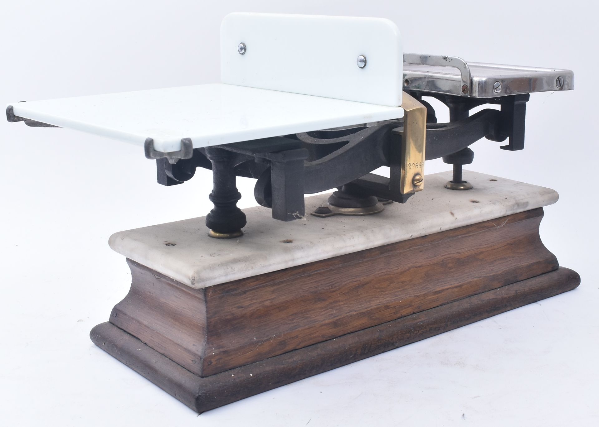 LATE VICTORIAN OAK MARBLE & BRASS SCALE WITH WEIGHTS - Image 7 of 10