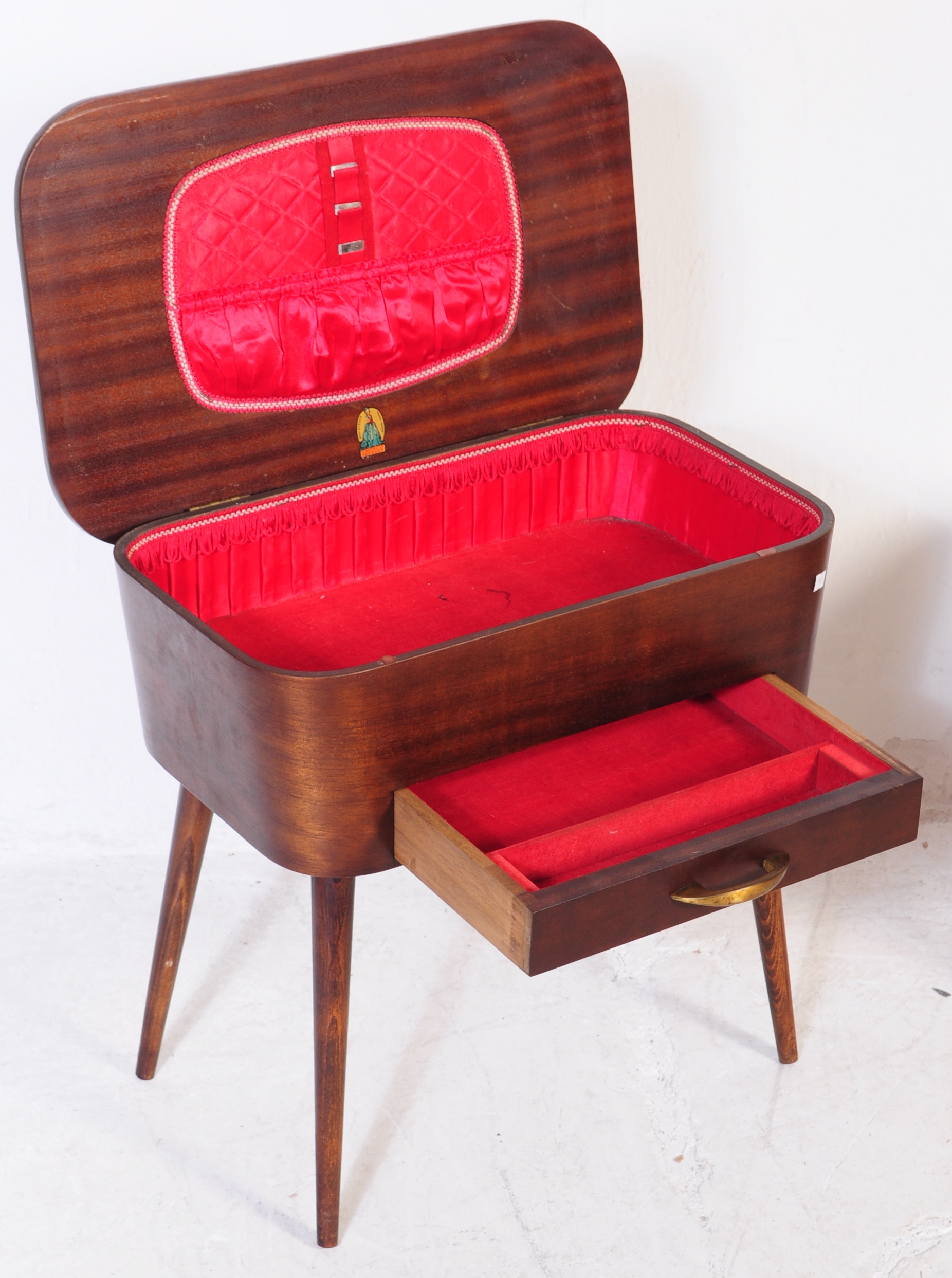 TWO MID CENTURY TEAK UPHOLSTERED SEWING BOXES - Image 3 of 6