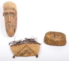 1940'S KUBA AFRICAN HEAD WEAR HATS WITH HAND CARVED WOOD MASK