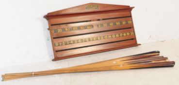 MID CENTURY WALL MOUNTED SCORE BOARD & CUES BY STEVENS & SONS