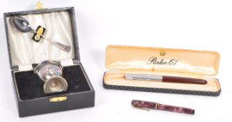 TWO VINTAGE 20TH CENTURY PENS WITH SILVER PLATE EGG CUP