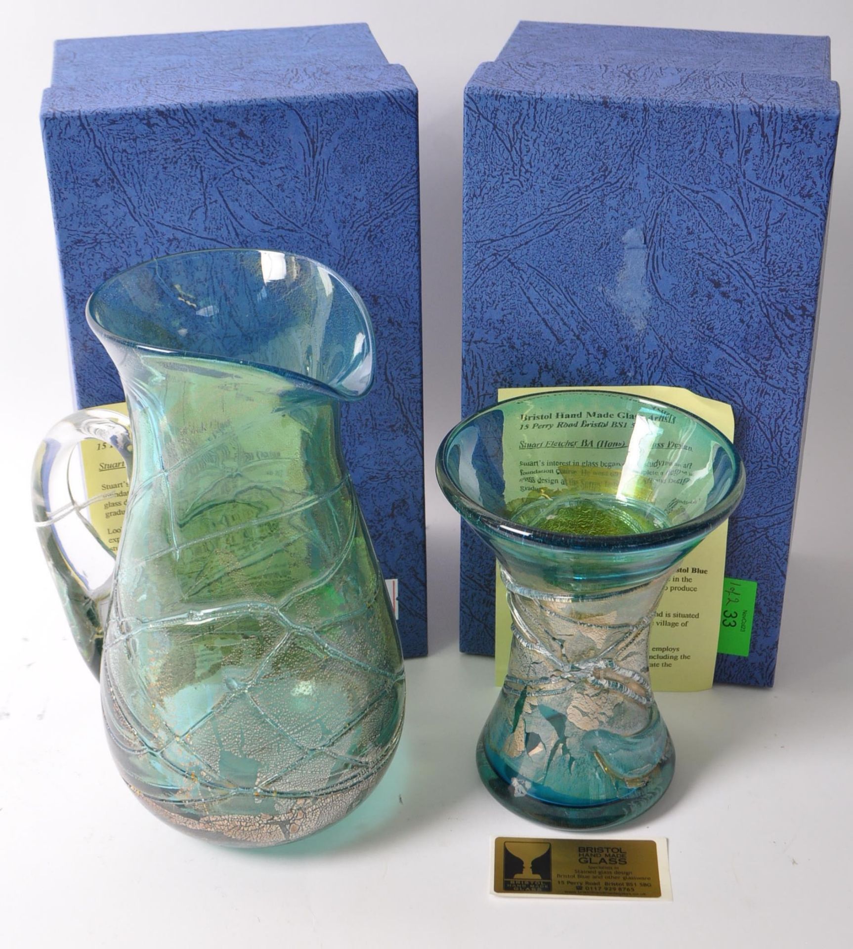 STUART FLETCHER EMERALD GREEN ART GLASS VASE & JUG - Image 2 of 8