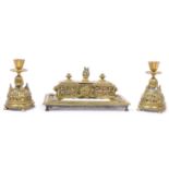 VICTORIAN BRASS INKSTAND W/ TWO ROUND MOULDED GLASS INKWELLS