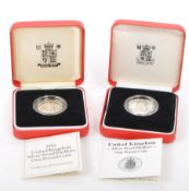 TWO ROYAL MINT UK SILVER PROOF PIEDFORT ONE POUND COINS