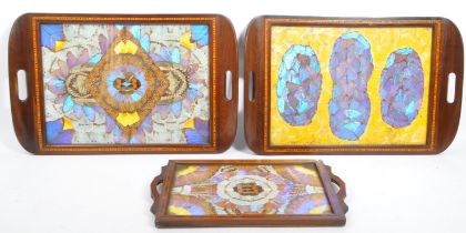 THREE EDWARDIAN INLAID BUTTERFLY WING SERVINGS TRAYS