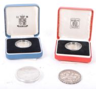 COLLECTION OF FOUR COINS, SILVER ONE POUND & SILVER CROWNS