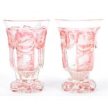 PAIR OF EARLY 20TH CENTURY ETCHED WINE CRANBERRY GOBLETS
