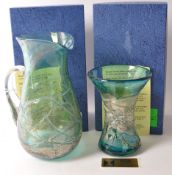 STUART FLETCHER EMERALD GREEN ART GLASS VASE & JUG