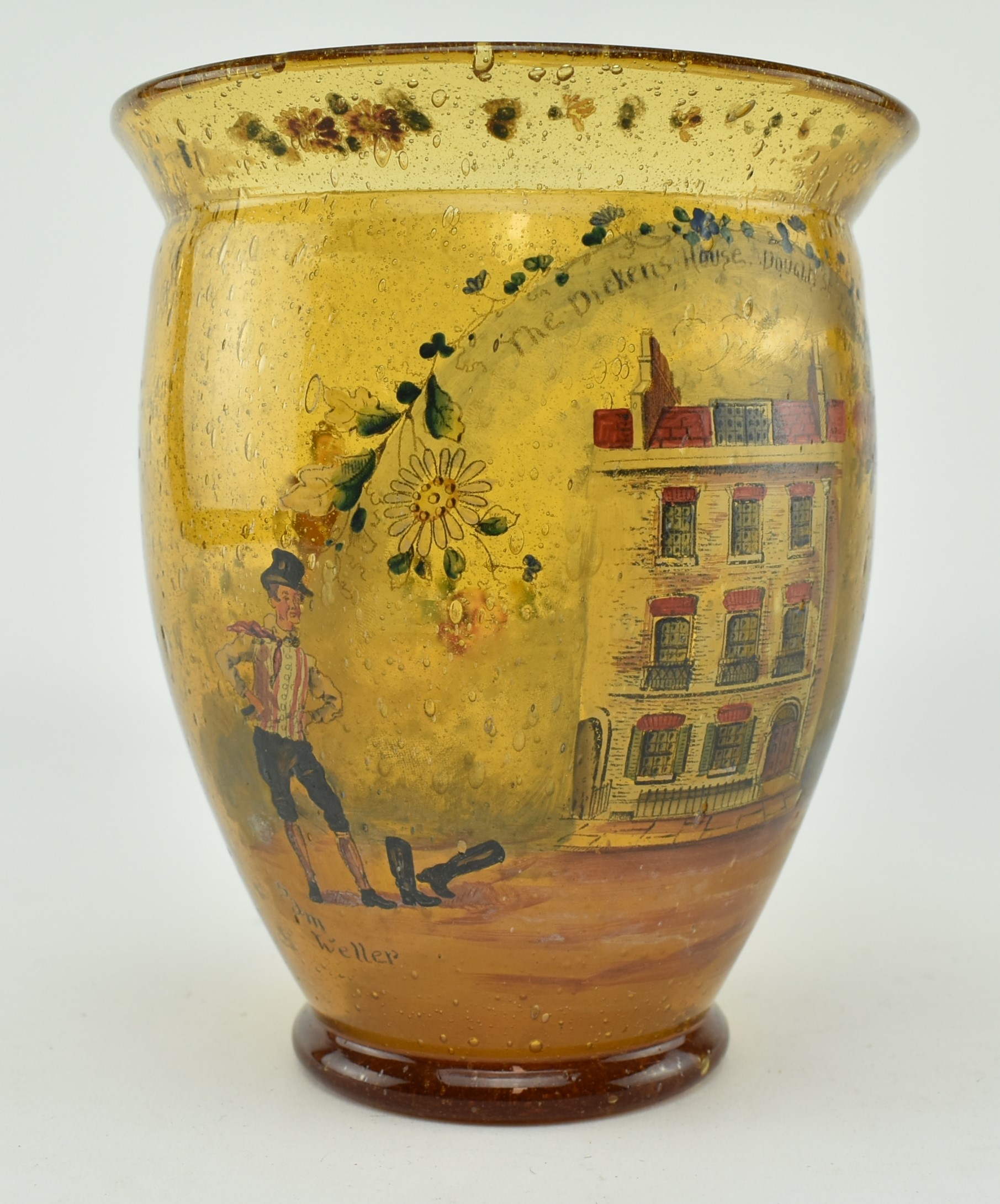 LATE 19TH CENTURY AMBER GLASS VASE WITH DICKENS SCENES - Image 2 of 5