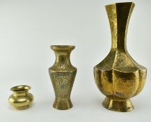 COLLECTION OF THREE 19TH CENTURY ENGRAVED BRASS VASES