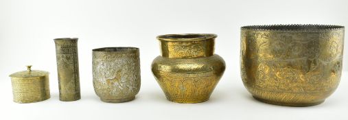 COLLECTION OF FIVE PIECES OF HINDU HAMMERED BRASSWARE