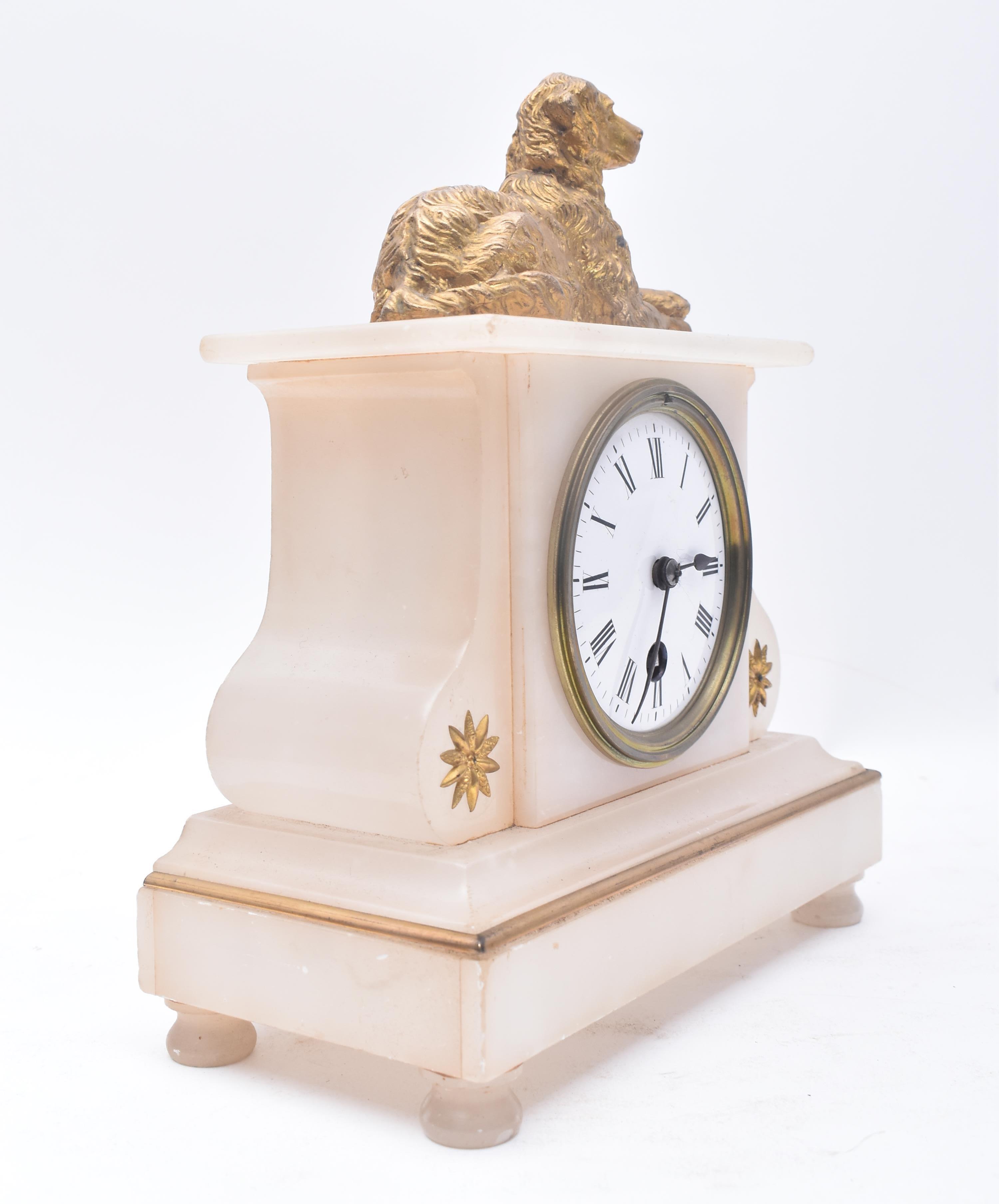 19TH CENTURY ALABASTER CLOCK WITH GILT SPANIEL DOG - Image 2 of 8