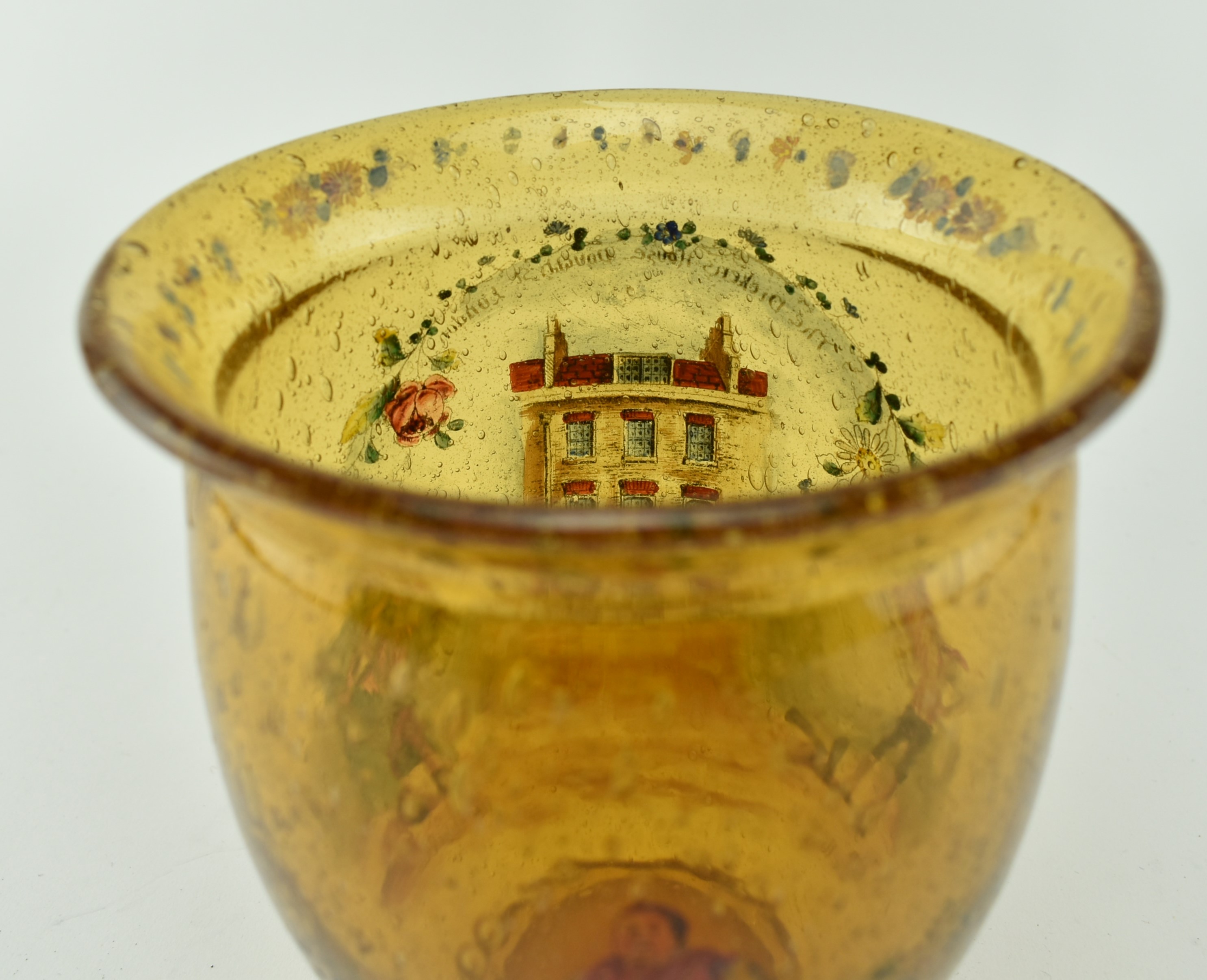 LATE 19TH CENTURY AMBER GLASS VASE WITH DICKENS SCENES - Image 3 of 5