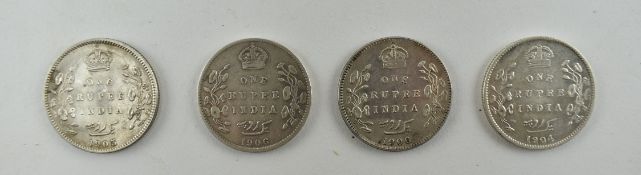FOUR EDWARD VII SILVER INDIAN RUPEES COINS