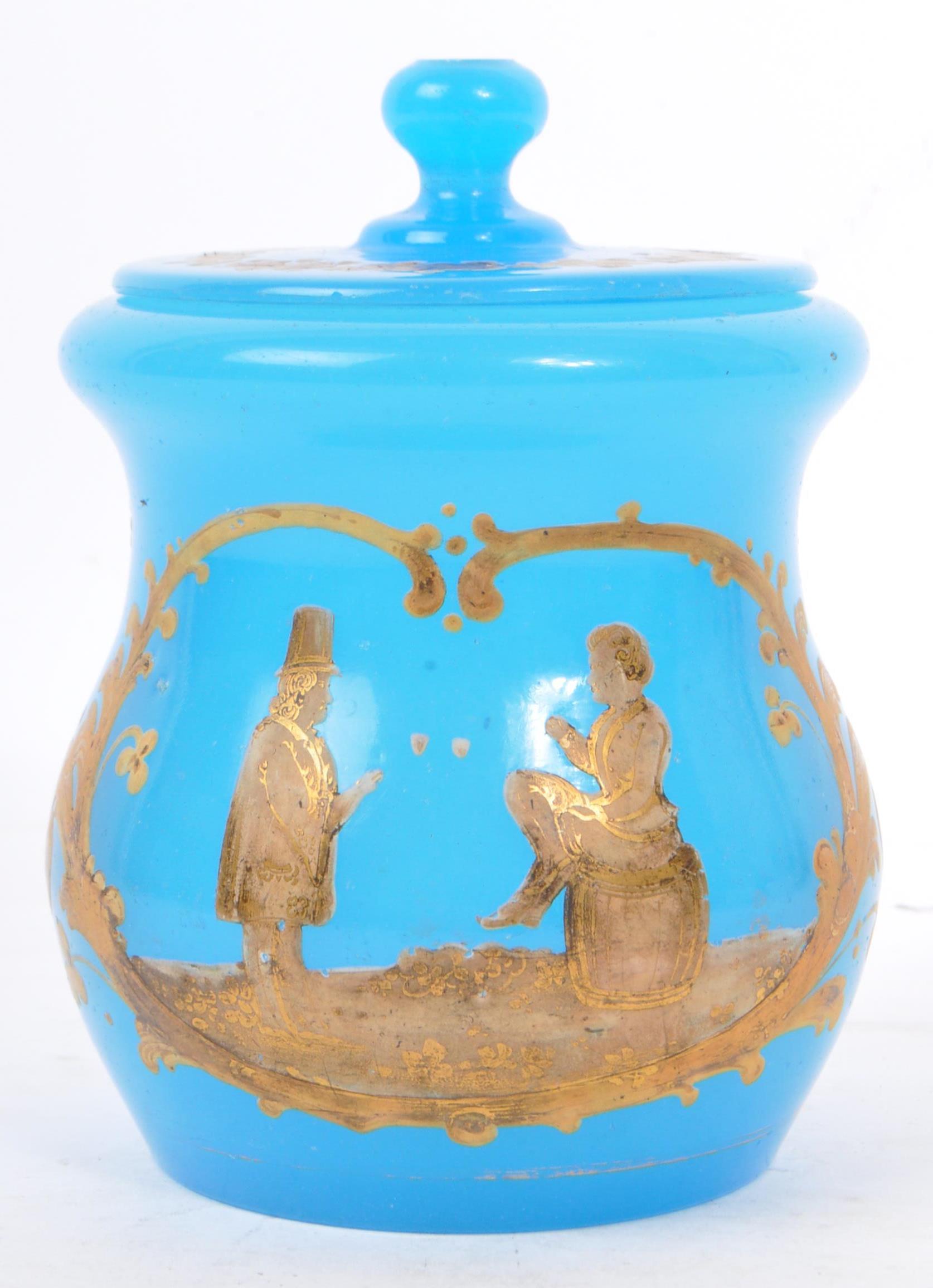 EARLY 20TH CENTURY BLUE OPLAINE GLASS LIDDED JAR VESSEL