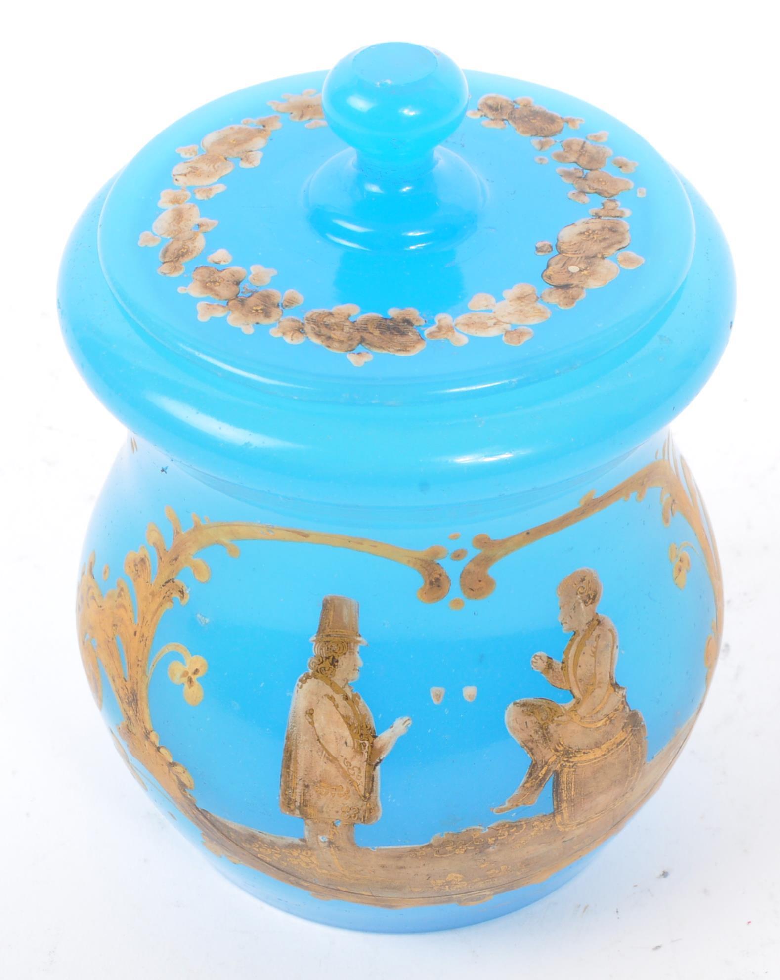 EARLY 20TH CENTURY BLUE OPLAINE GLASS LIDDED JAR VESSEL - Image 5 of 7