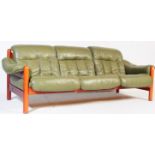THREE SEATER GREEN LEATHER AND MAHOGANY SOFA SETTEE
