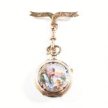 19TH CENTURY GOLD SWISS SCENE ENAMEL FOB WATCH ON BROOCH AF