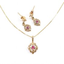 HALLMARKED 9CT GOLD & RUBY NECKLACE & EARRING SUITE