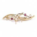 HALLMARKED 9CT GOLD RUBY & PEARL SWALLOW BROOCH PIN