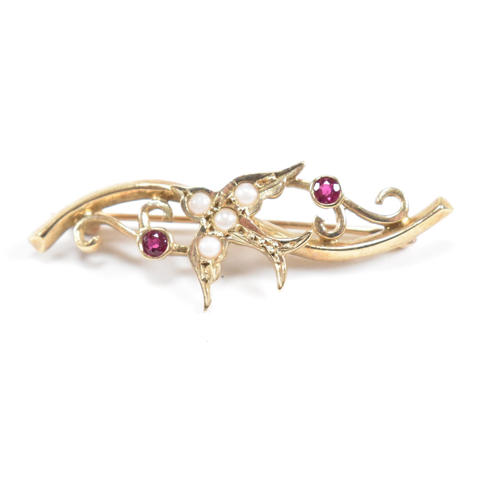 HALLMARKED 9CT GOLD RUBY & PEARL SWALLOW BROOCH PIN