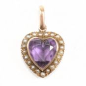 19TH CENTURY GOLD AMETHYST & PEARL HEART NECKLACE PENDANT