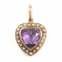 19TH CENTURY GOLD AMETHYST & PEARL HEART NECKLACE PENDANT