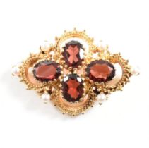 HALLMARKED 9CT GOLD GARNET & PEARL BROOCH PIN