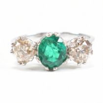 18CT WHITE GOLD EMERALD & DIAMOND THREE STONE RING