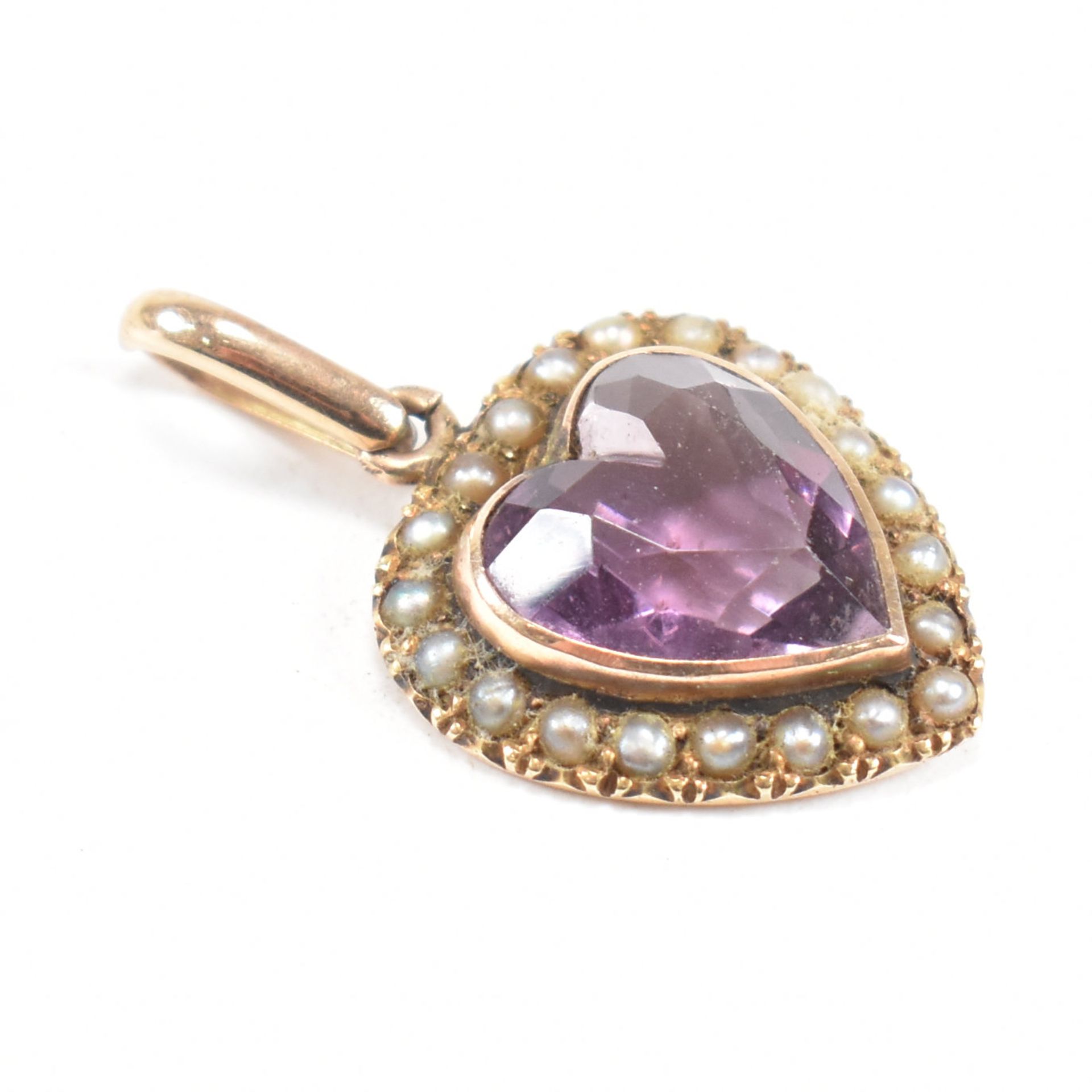 19TH CENTURY GOLD AMETHYST & PEARL HEART NECKLACE PENDANT - Image 4 of 5