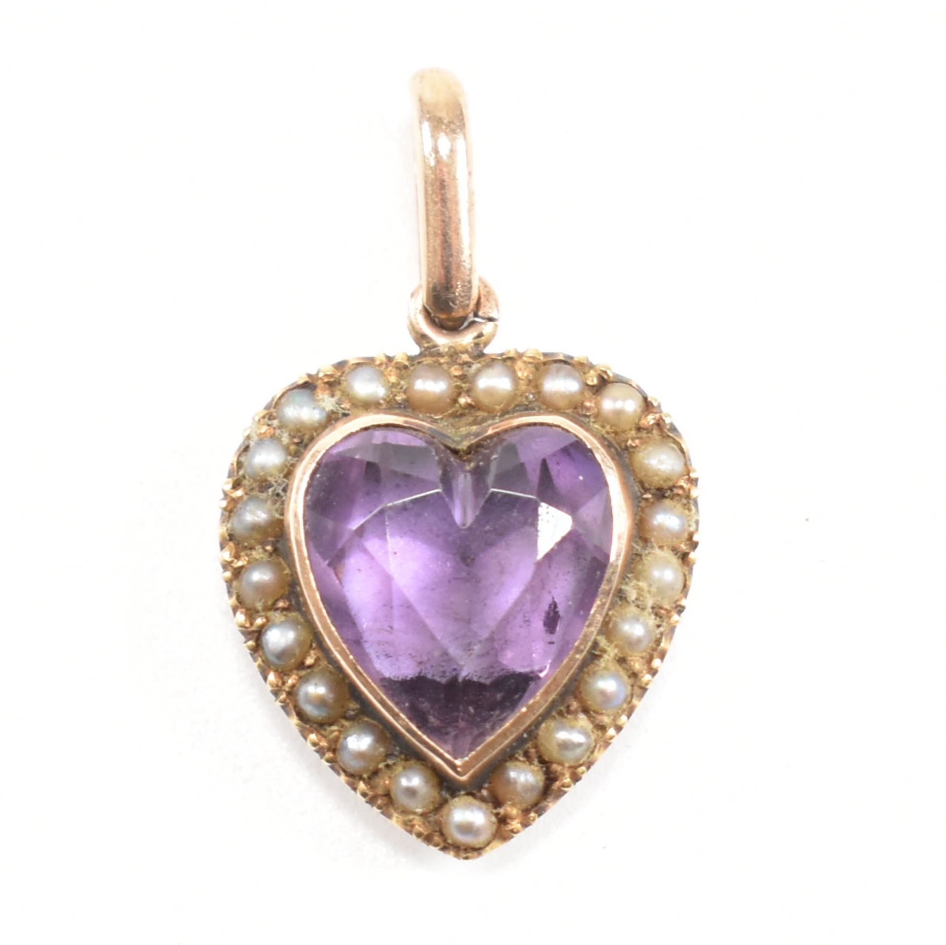 19TH CENTURY GOLD AMETHYST & PEARL HEART NECKLACE PENDANT - Image 2 of 5
