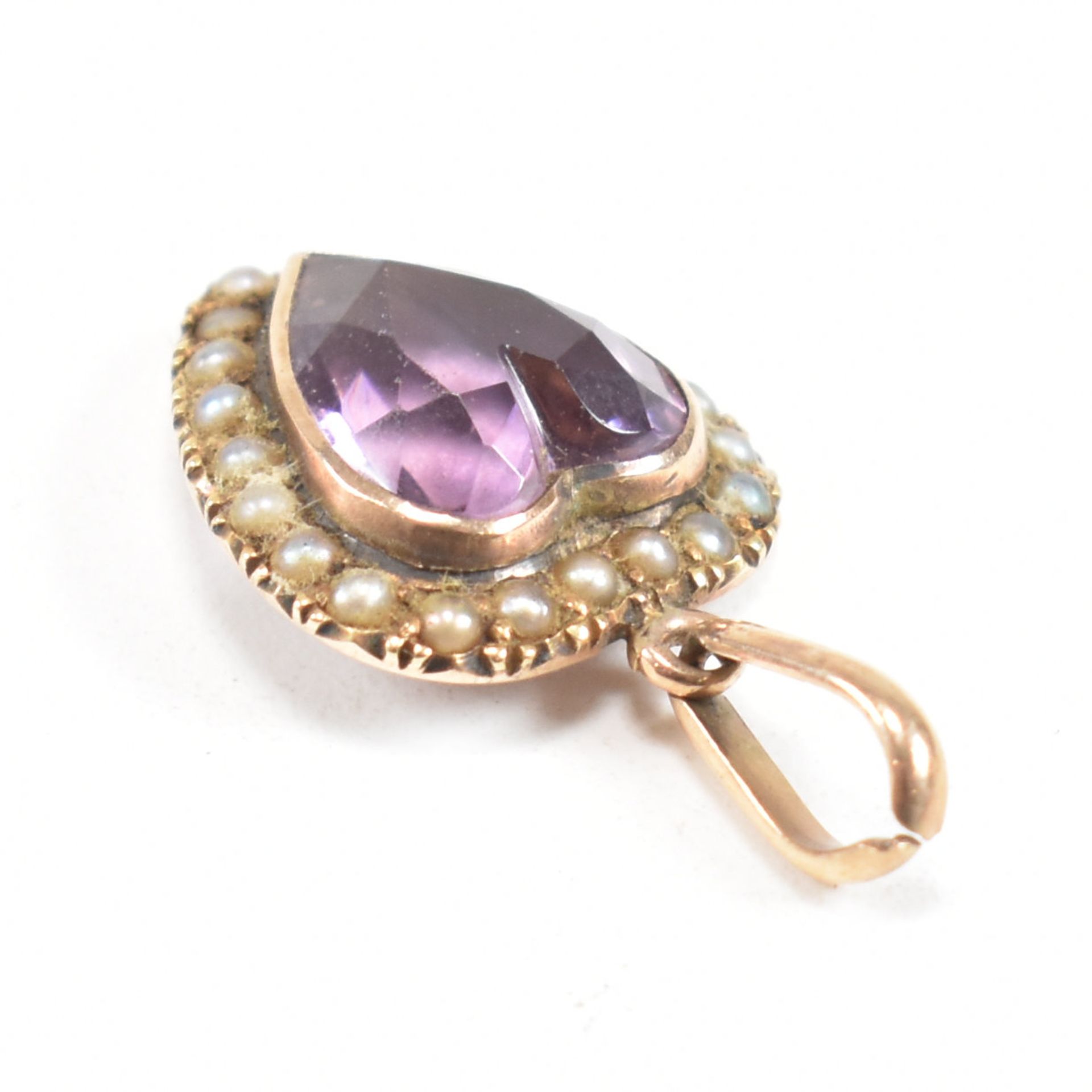 19TH CENTURY GOLD AMETHYST & PEARL HEART NECKLACE PENDANT - Image 5 of 5