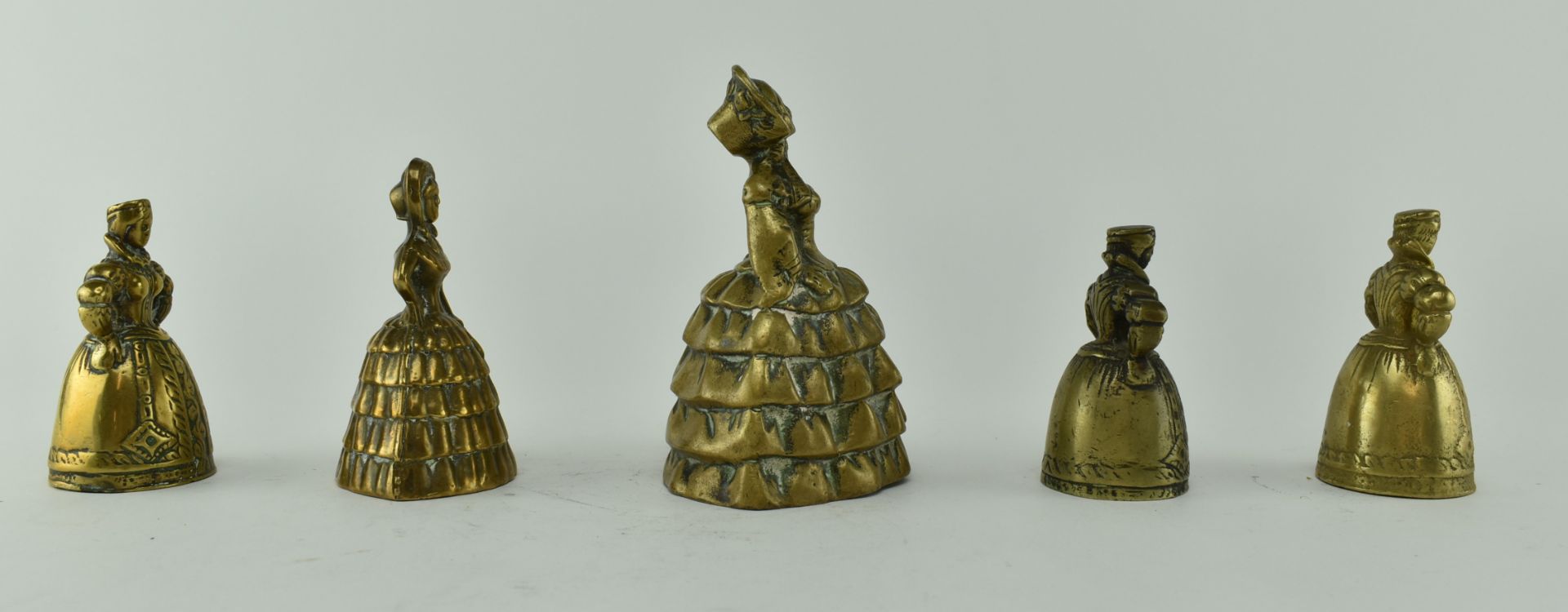 VICTORIAN HEAVY BRASS LADY WITH LEGS CLAPPER TABLE BELLS - Image 2 of 5