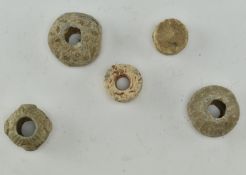 COLLECTION OF FIVE ROMAN / MEDIEVAL LEAD SPINDLE WHORLS