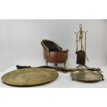 COLLECTION OF BRASS CHARGERS/FIREPLACE TOOLS/COAL SCUTTLE