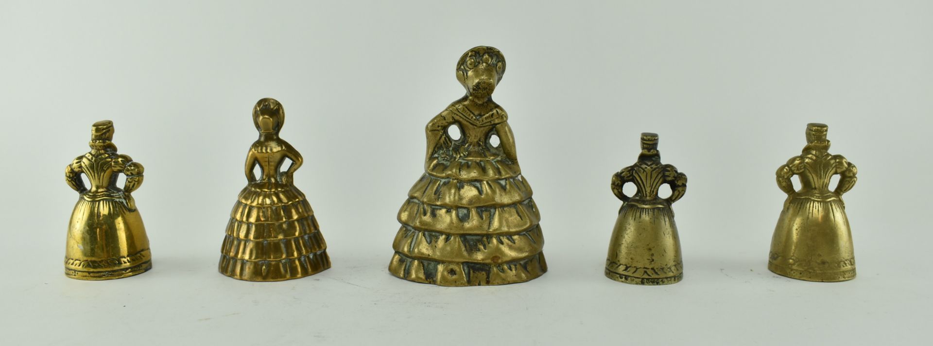 VICTORIAN HEAVY BRASS LADY WITH LEGS CLAPPER TABLE BELLS - Image 3 of 5