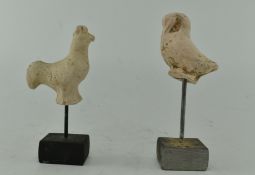 TWO CHINESE TERRACOTTA CHICKEN AND GOOSE ON METAL STANDS