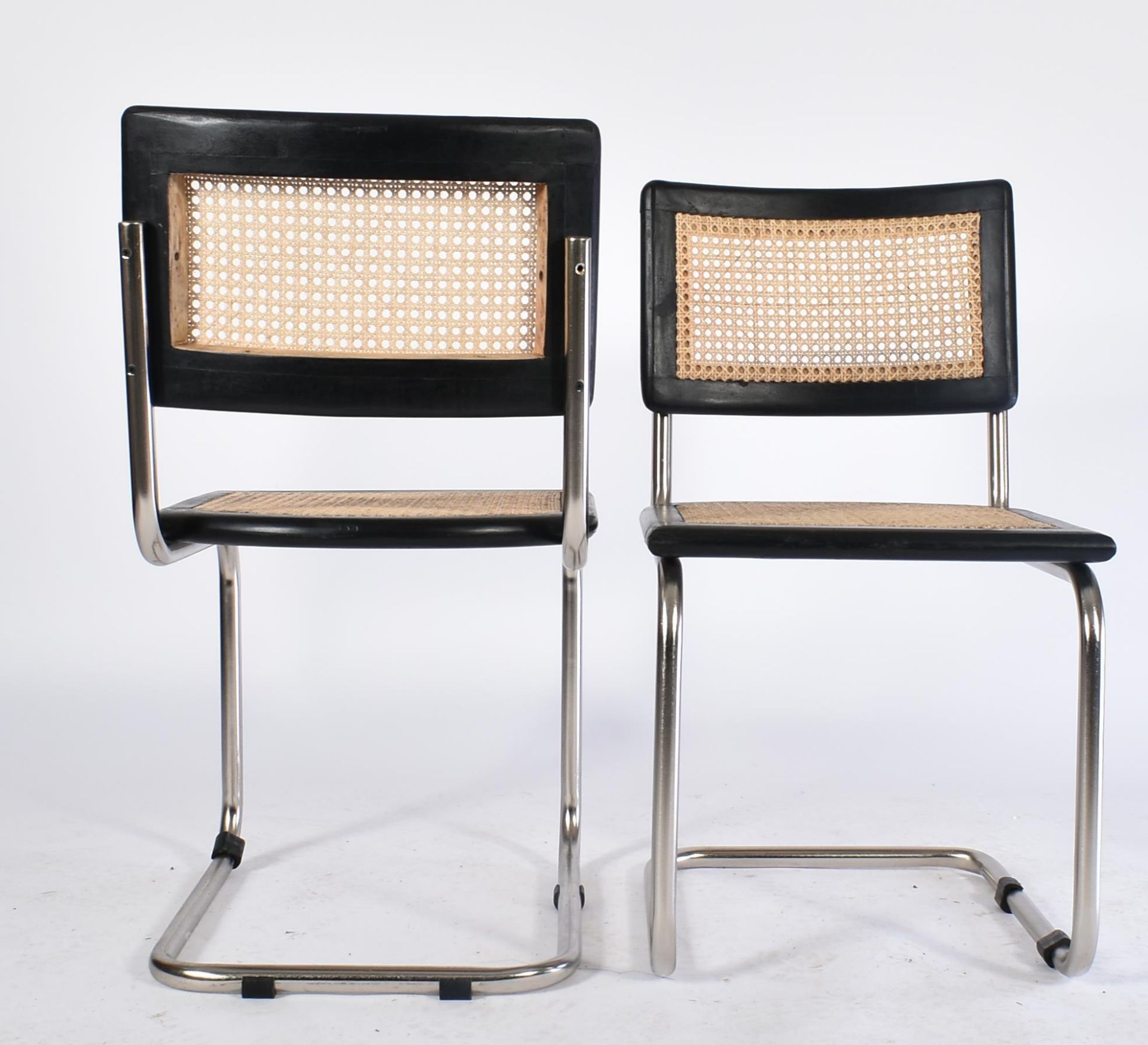 EIGHT VINTAGE RATTAN, BLACK OAK & CHROME CANTILEVER CHAIRS - Image 7 of 9