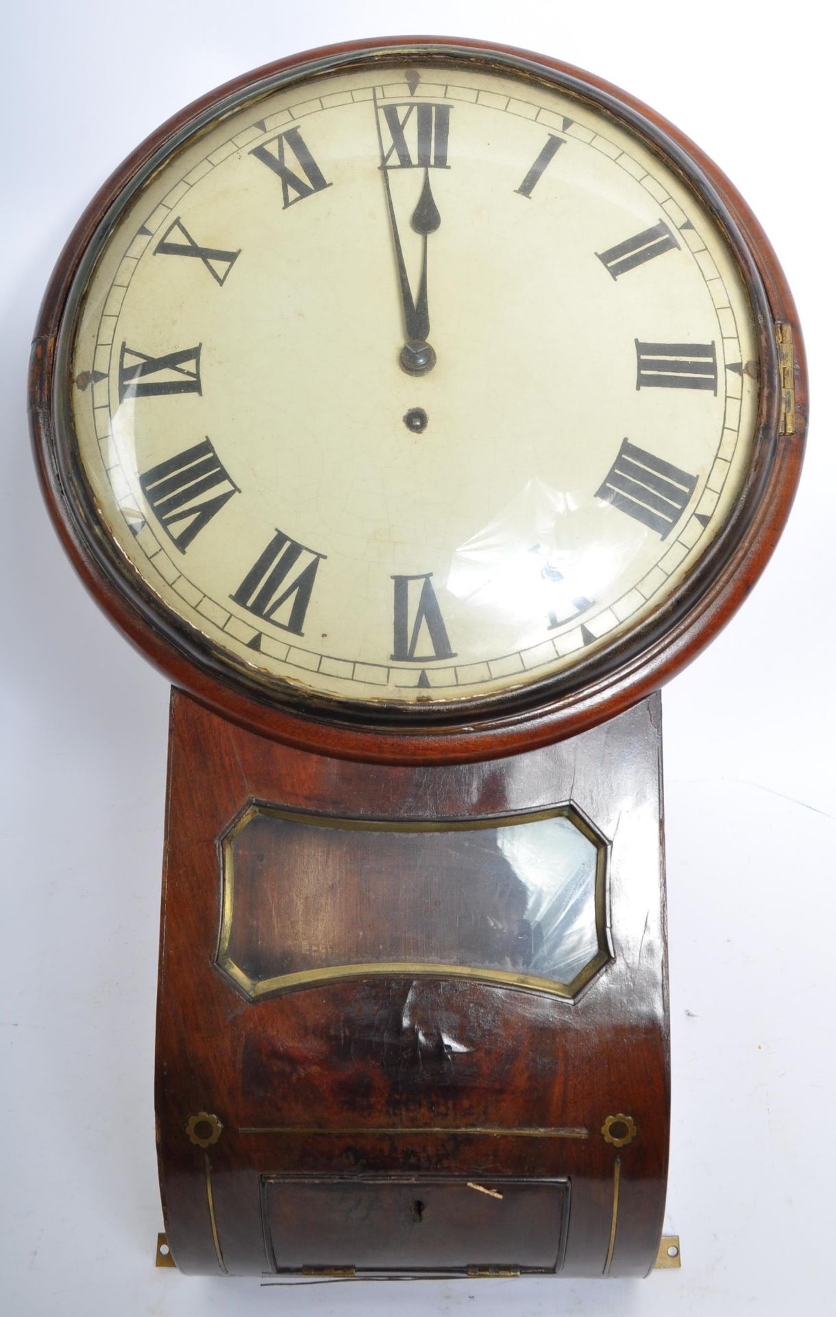 19TH CENTURY MAHOGANY FUSEE DROP DIAL WALL CLOCK