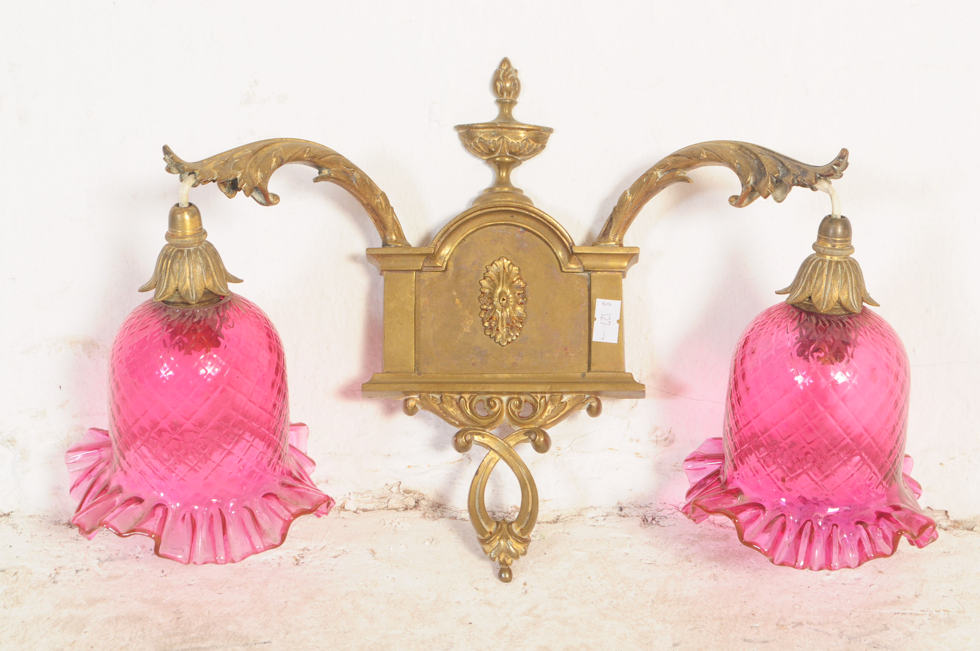 A SET OF EARLY 20TH CENTURY BRASS & CRANBERRY GLASS LIGHTING - Image 2 of 3
