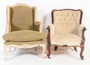 VICTORIAN 19TH CENTURY CREAM BUTTON BACK FIRESIDE ARMCHAIR