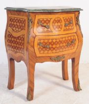 19TH CENTURY REVIVAL MARQUETRY MARBLE TOPPED BOMBE CHEST